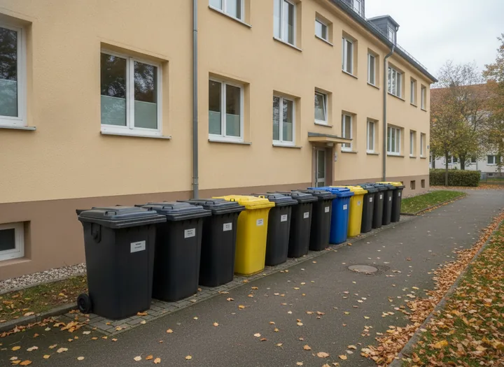 Bereitgestellte Muelltonnen am Objekt