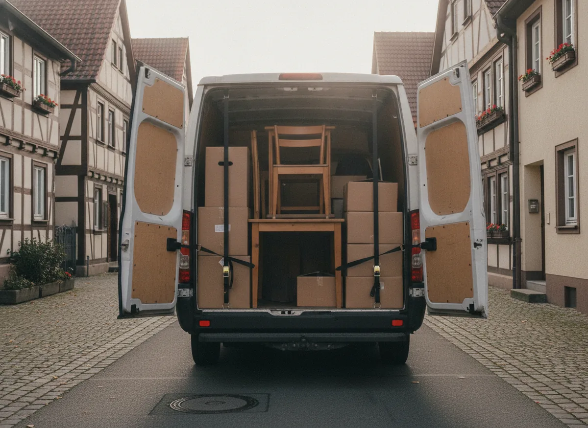 Mittelgrosser Transporter mit geoeffneten Hecktueren