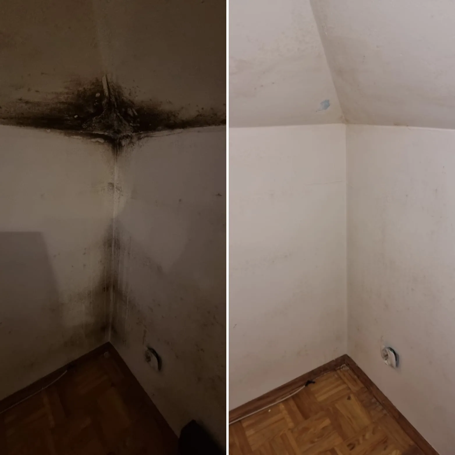 Dachschräge mit schwarzem Schimmel in der Ecke vor und nach der Schimmelentfernung