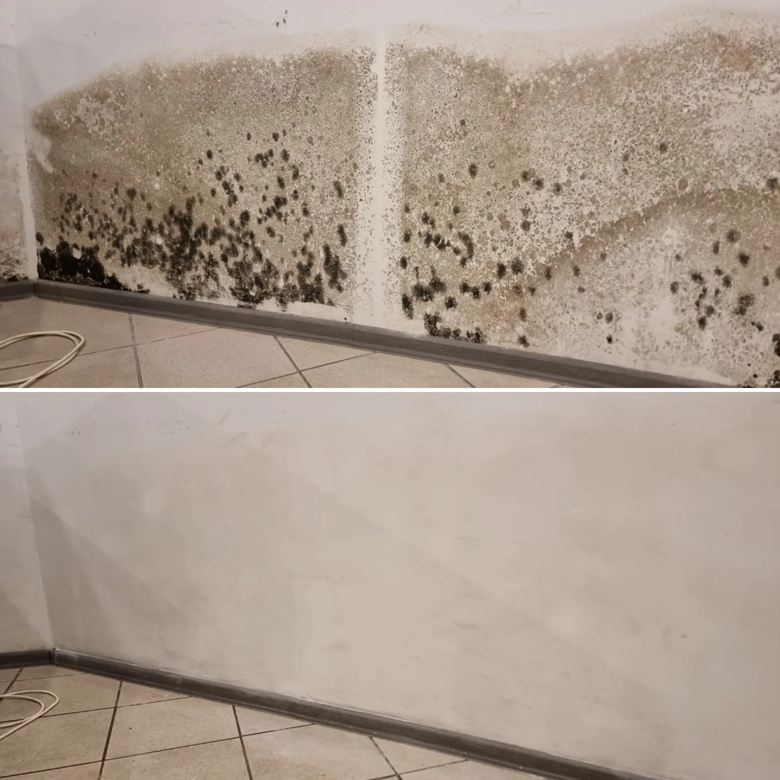 Wohnzimmerwand mit großflächigem Schimmelbefall vor und nach der Sanierung